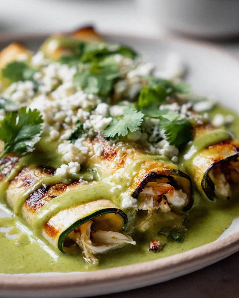 Cremige Zucchini Enchiladas mit Hähnchen & Grüner Sauce
