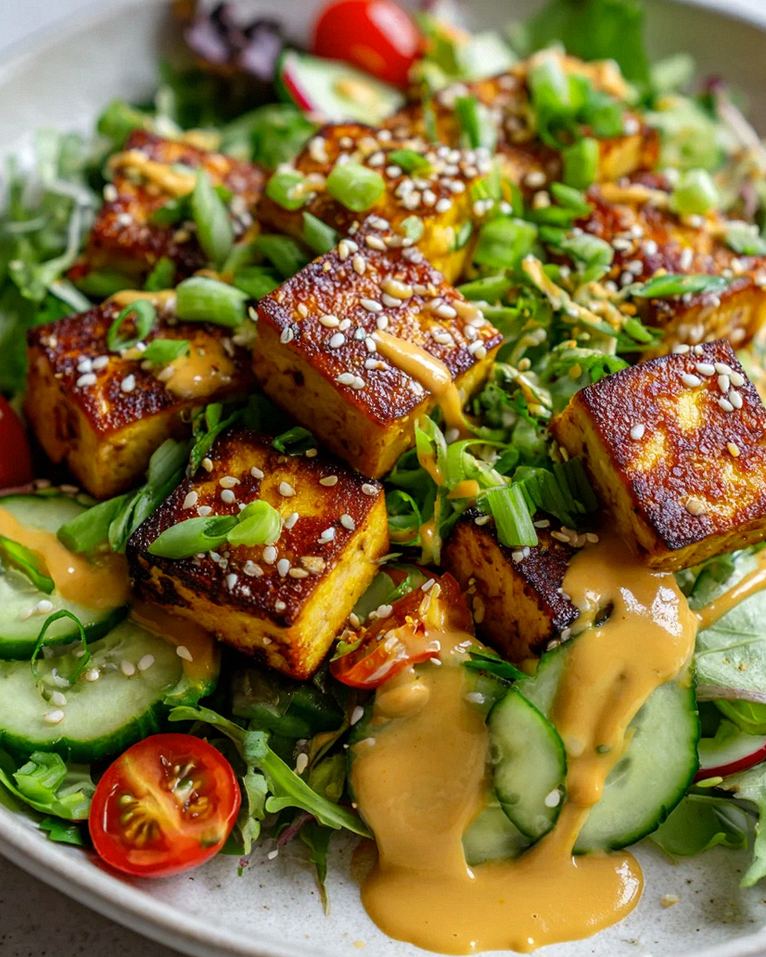 Gebratener Tofu Salat: Frisch & Lecker mit Sesam Dressing!