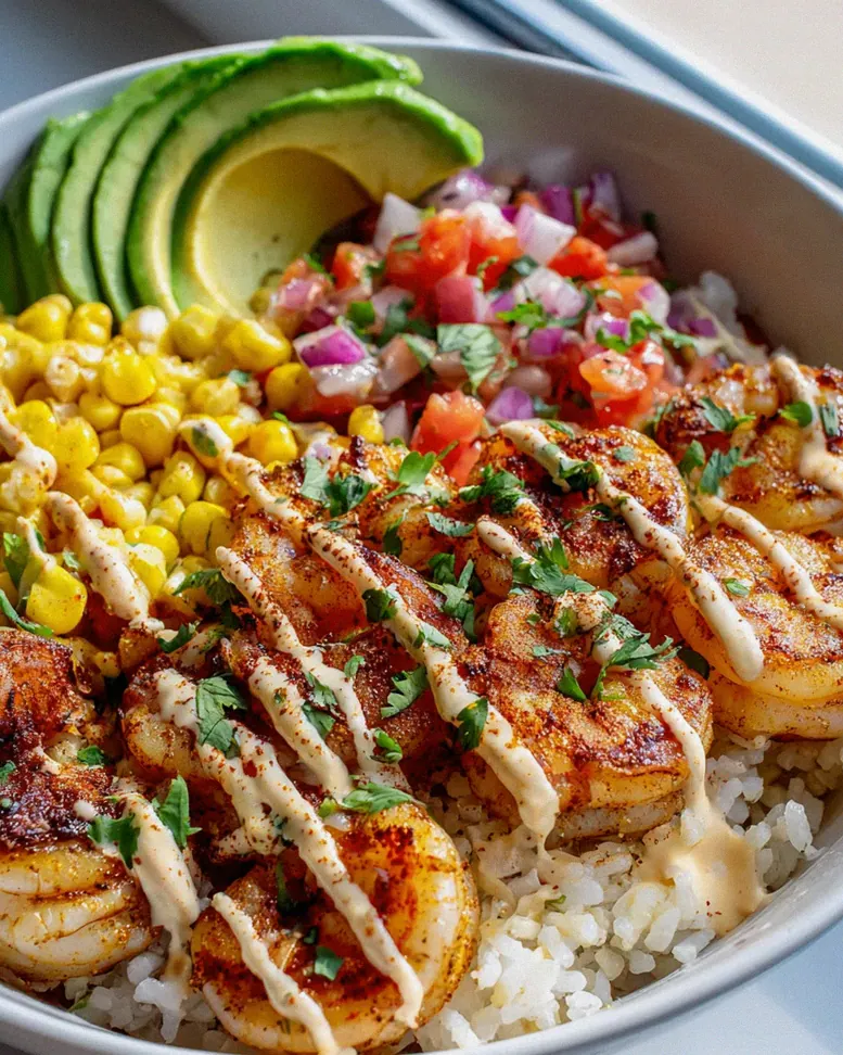 Gegrillte Garnelen Bowl: Avocado-Mais-Salsa, Cremige Sauce
