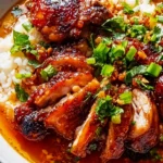 Karamellisiertes Soja-Hühnchen in Knoblauchbrühe mit Reis