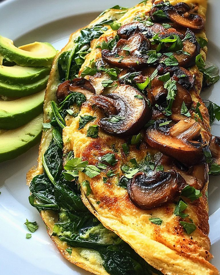 Omelett mit Pilzen, Spinat und Avocado