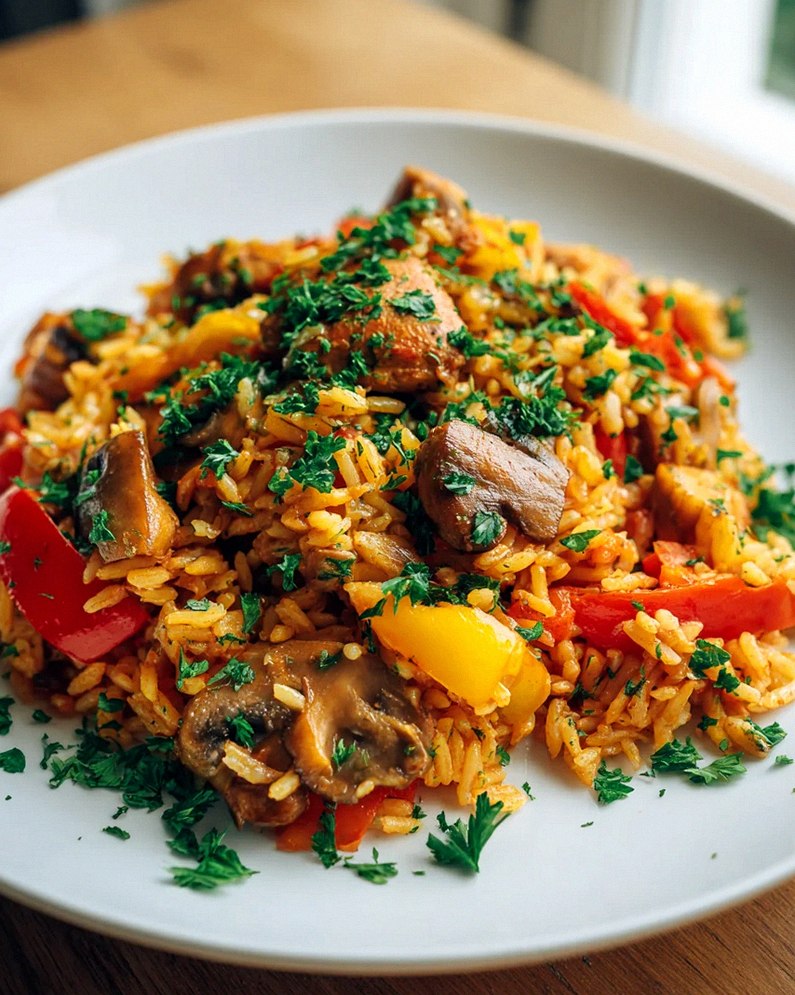 Vegetarisches Serbisches Reisfleisch mit Pilzen & Paprika – Schritt 2